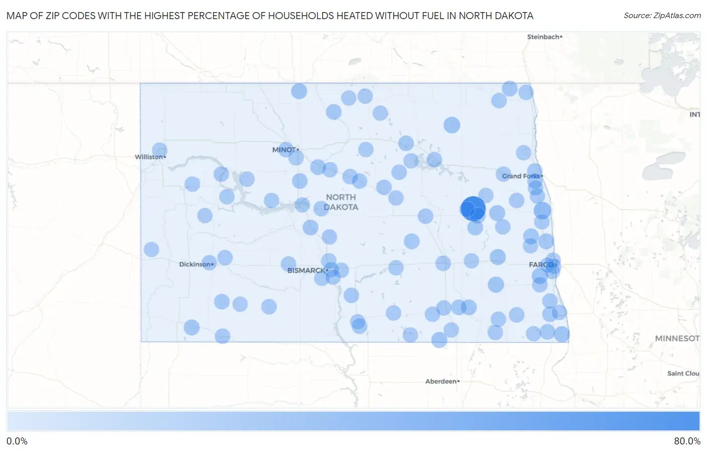 Zip Codes with the Highest Percentage of Households Heated without Fuel in North Dakota Map