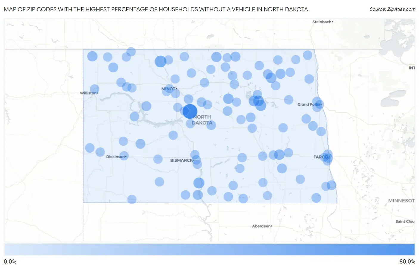 Zip Codes with the Highest Percentage of Households Without a Vehicle in North Dakota Map