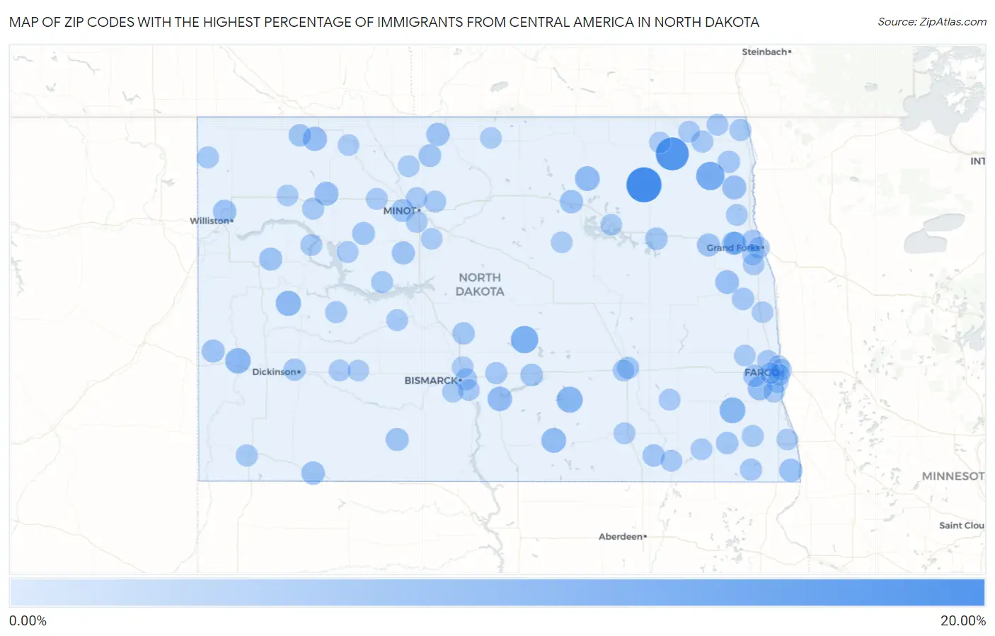Zip Codes with the Highest Percentage of Immigrants from Central America in North Dakota Map