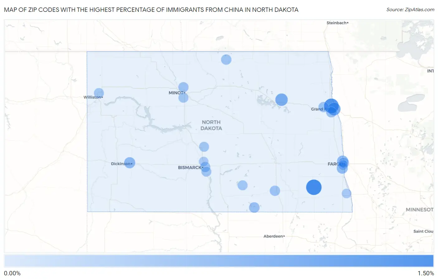 Zip Codes with the Highest Percentage of Immigrants from China in North Dakota Map