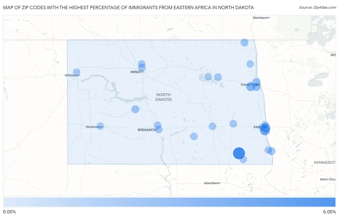 Zip Codes with the Highest Percentage of Immigrants from Eastern Africa in North Dakota Map