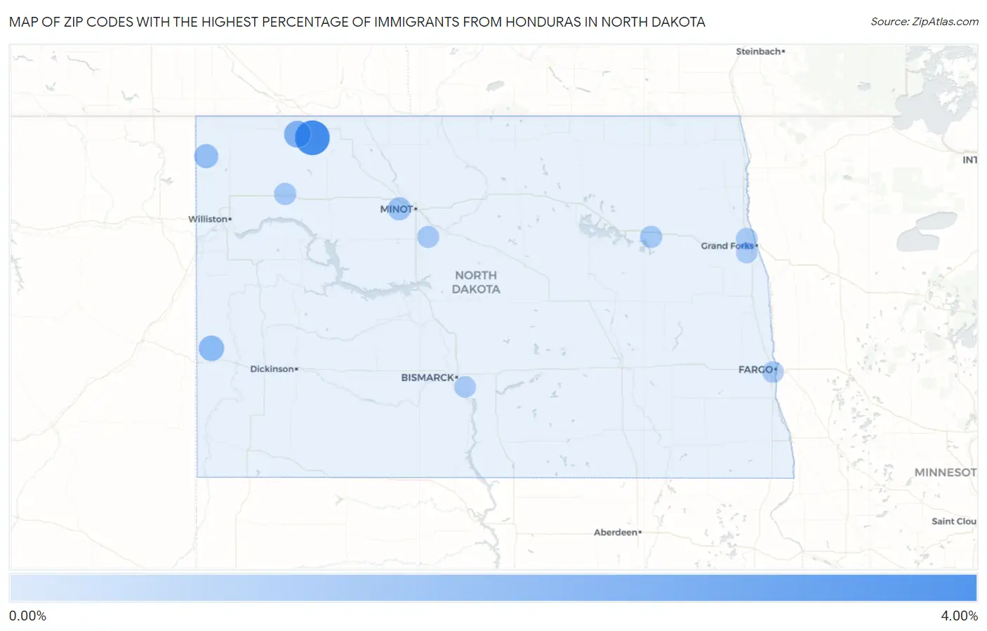 Zip Codes with the Highest Percentage of Immigrants from Honduras in North Dakota Map
