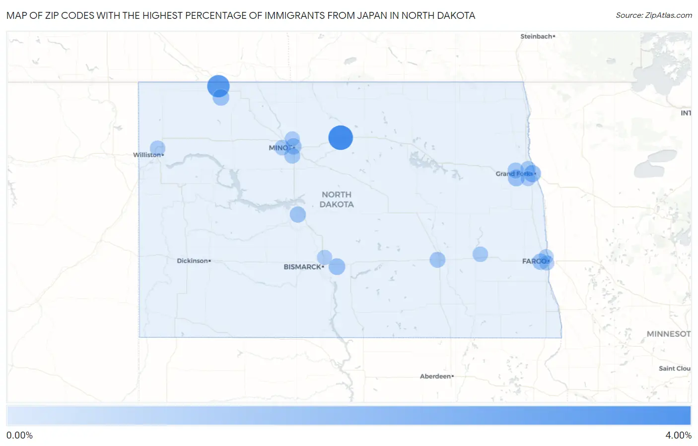Zip Codes with the Highest Percentage of Immigrants from Japan in North Dakota Map