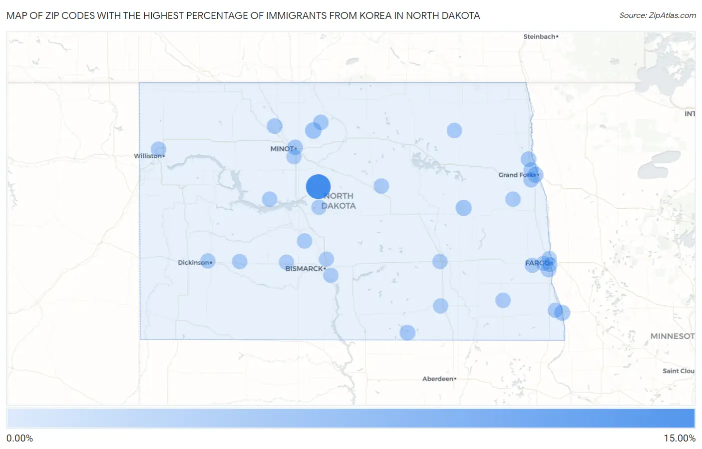Zip Codes with the Highest Percentage of Immigrants from Korea in North Dakota Map