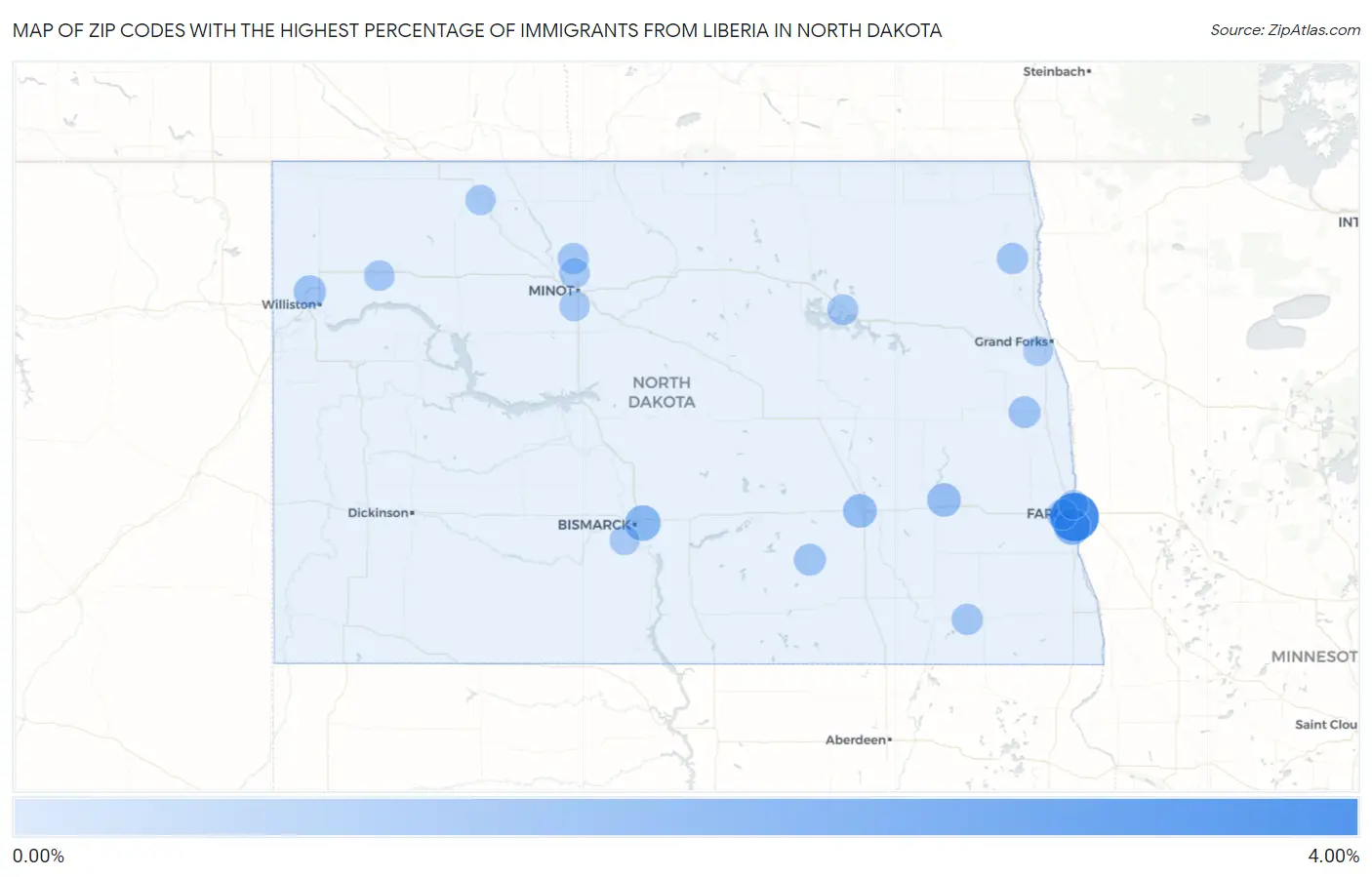Zip Codes with the Highest Percentage of Immigrants from Liberia in North Dakota Map