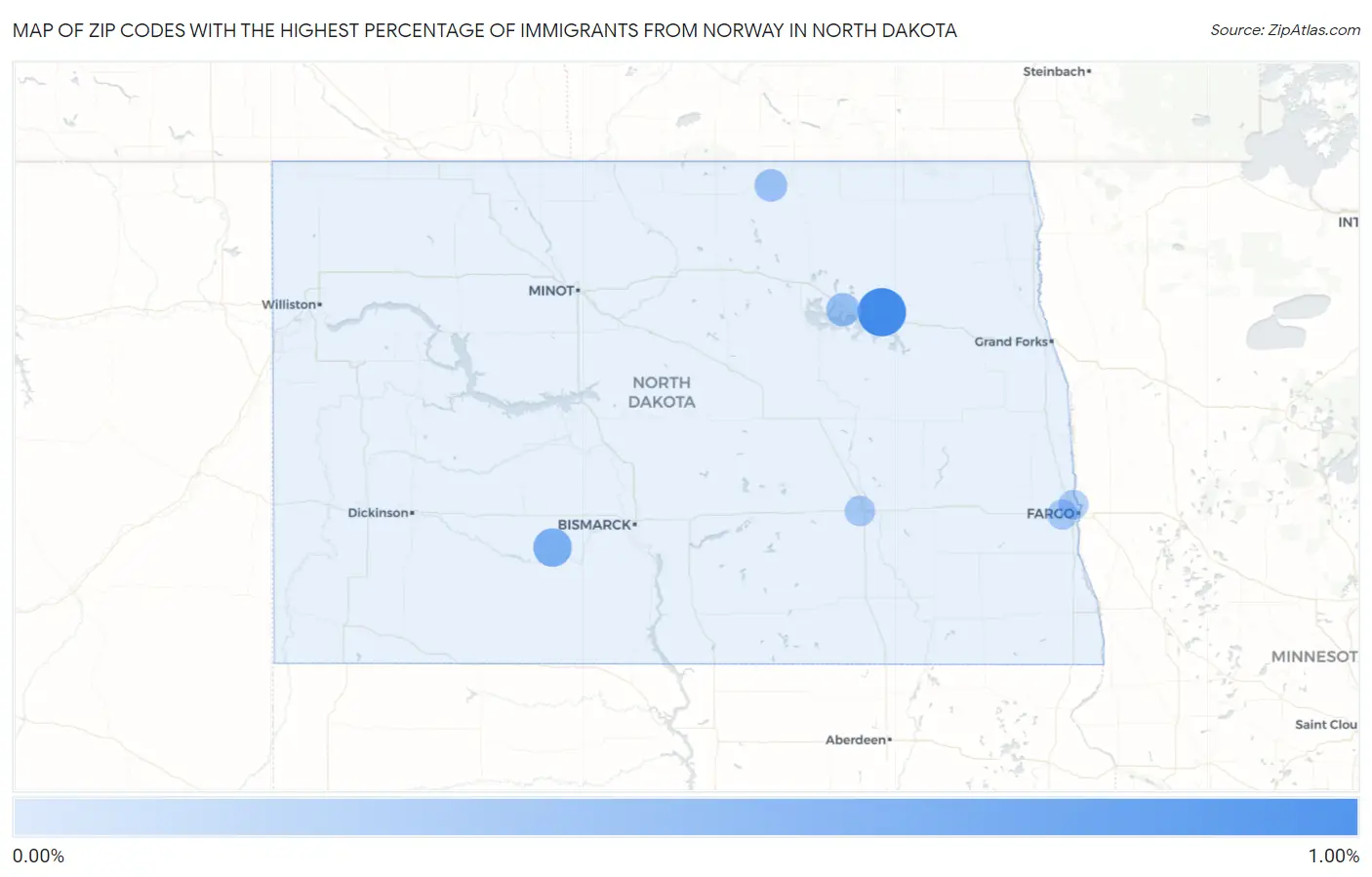 Zip Codes with the Highest Percentage of Immigrants from Norway in North Dakota Map
