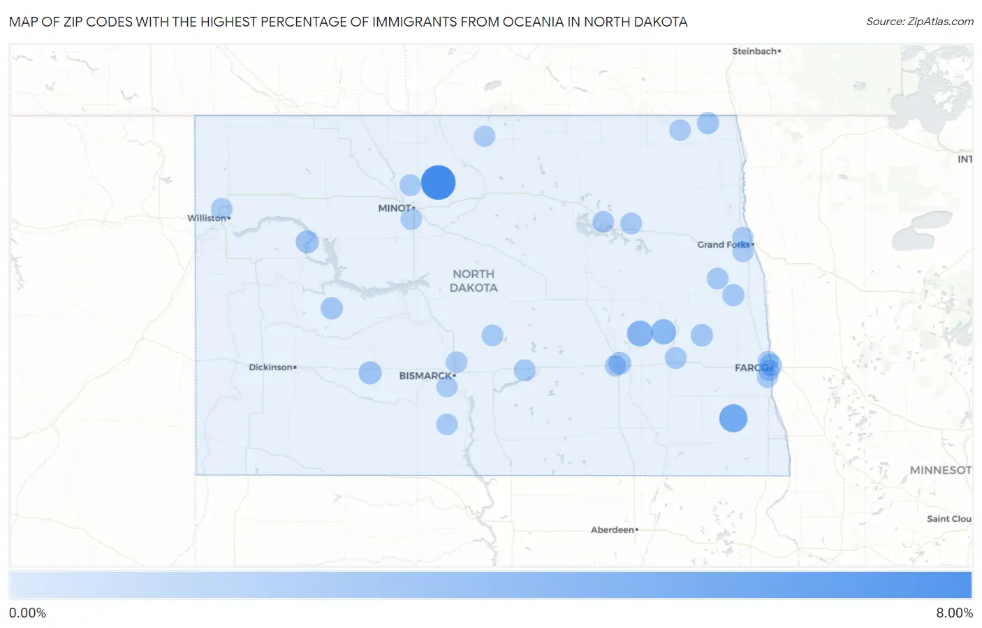 Zip Codes with the Highest Percentage of Immigrants from Oceania in North Dakota Map