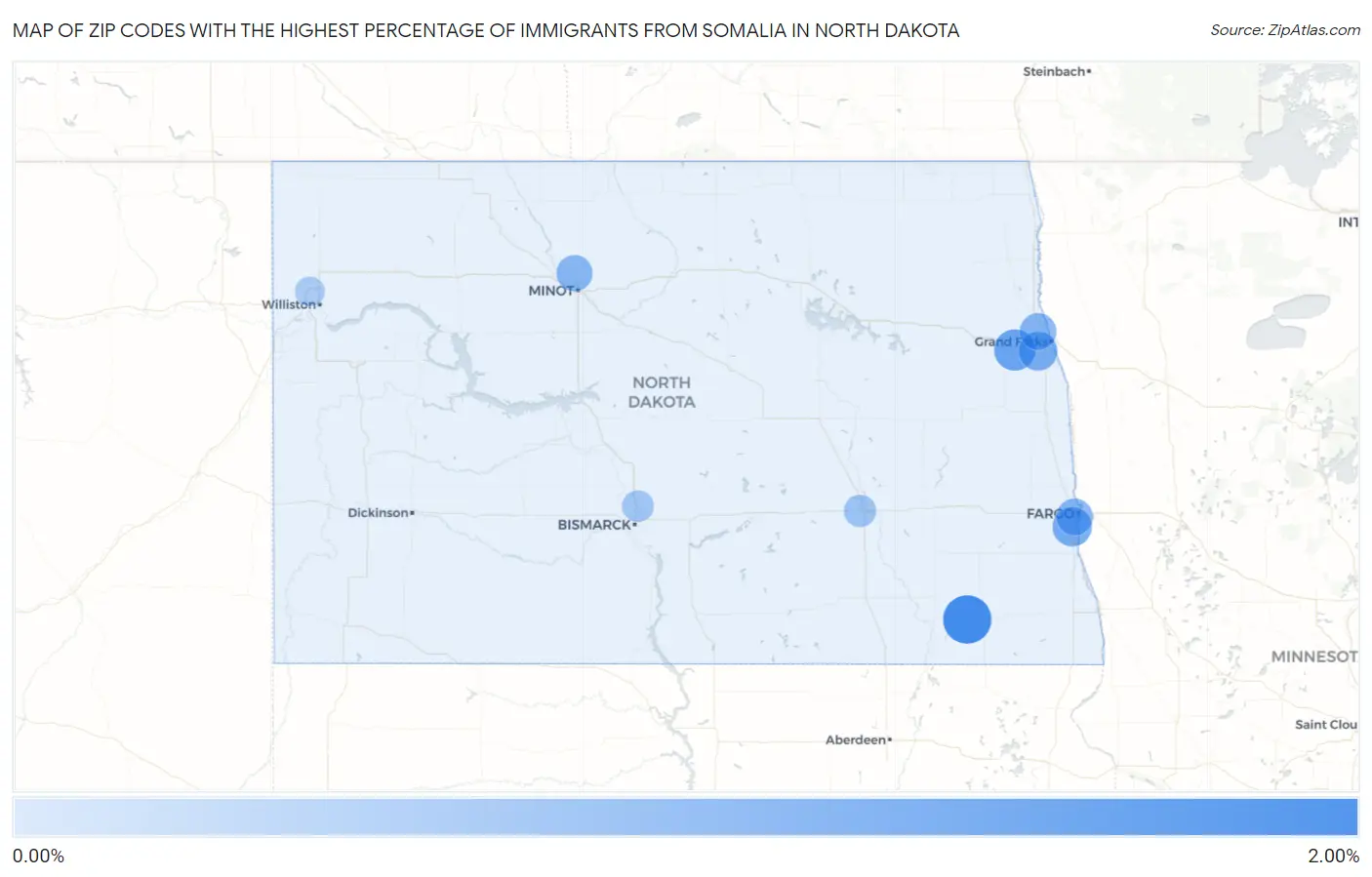 Zip Codes with the Highest Percentage of Immigrants from Somalia in North Dakota Map