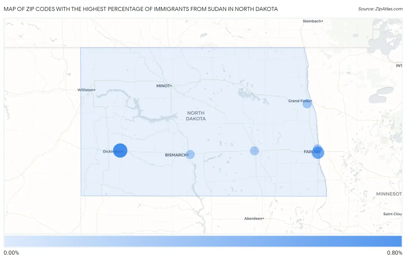 Zip Codes with the Highest Percentage of Immigrants from Sudan in North Dakota Map