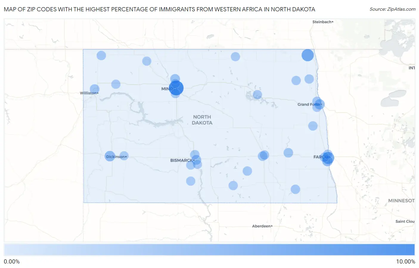 Zip Codes with the Highest Percentage of Immigrants from Western Africa in North Dakota Map