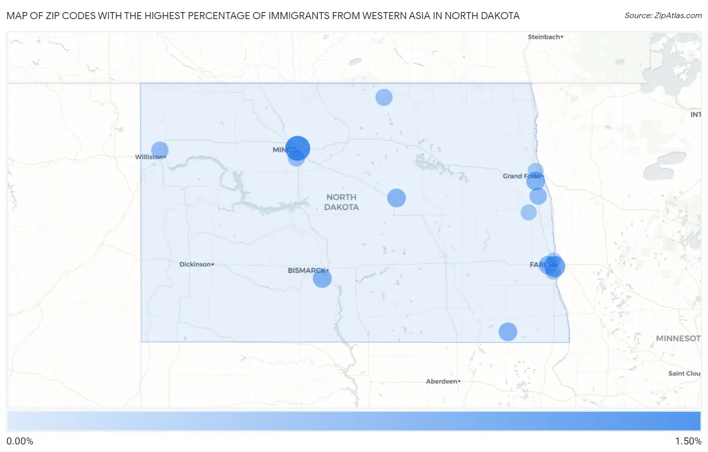 Zip Codes with the Highest Percentage of Immigrants from Western Asia in North Dakota Map