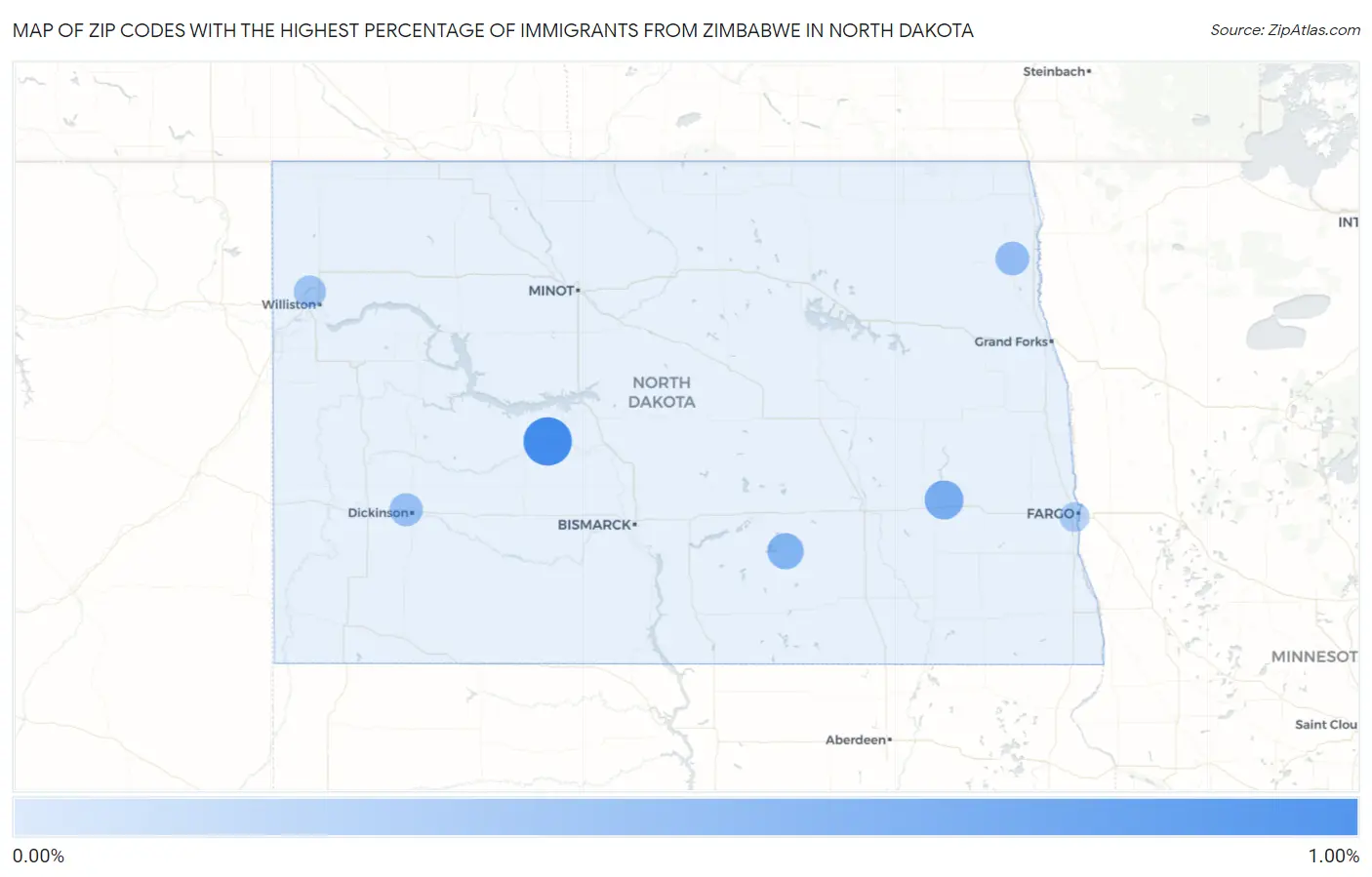 Zip Codes with the Highest Percentage of Immigrants from Zimbabwe in North Dakota Map