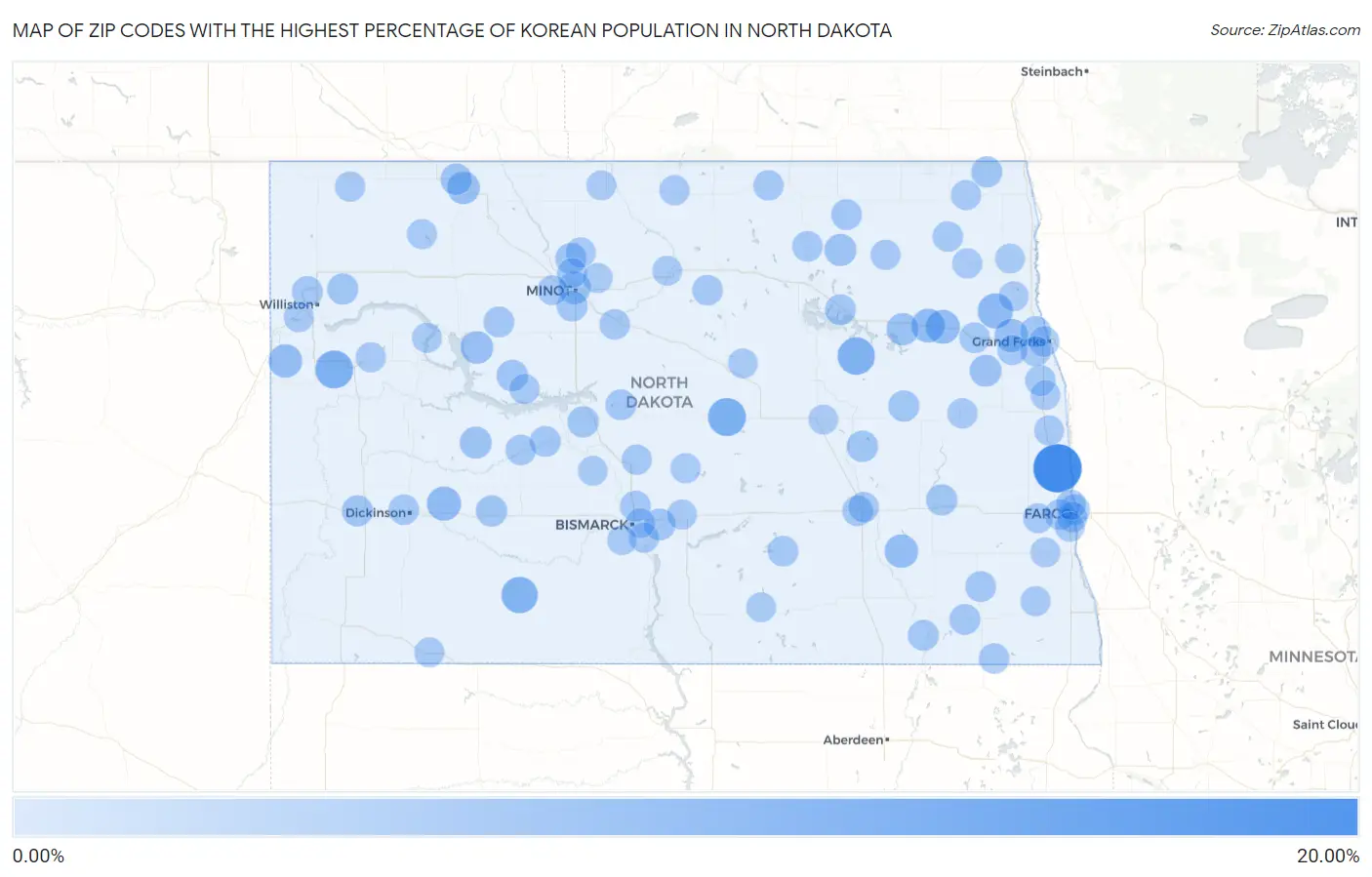Zip Codes with the Highest Percentage of Korean Population in North Dakota Map