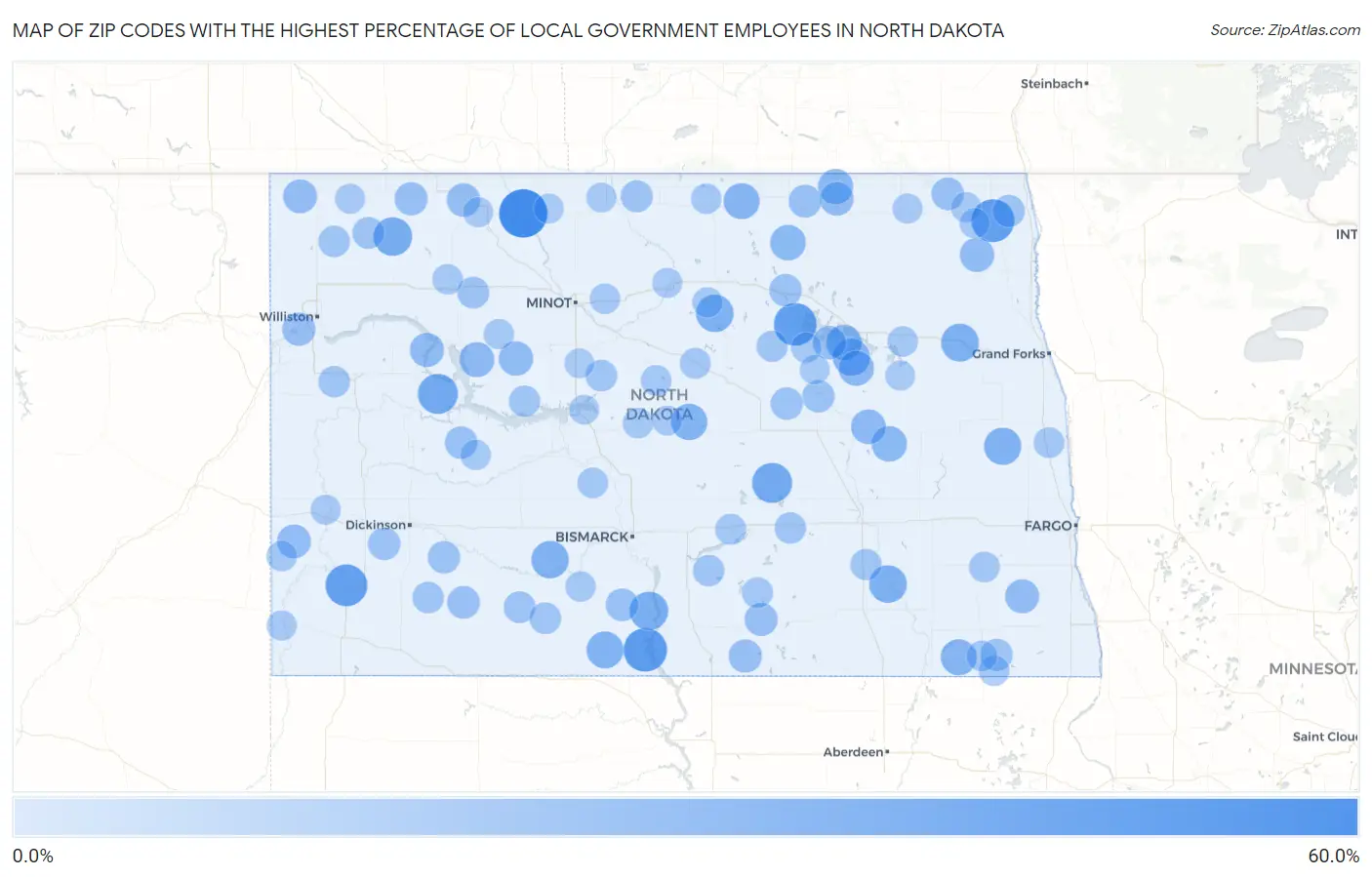 Zip Codes with the Highest Percentage of Local Government Employees in North Dakota Map