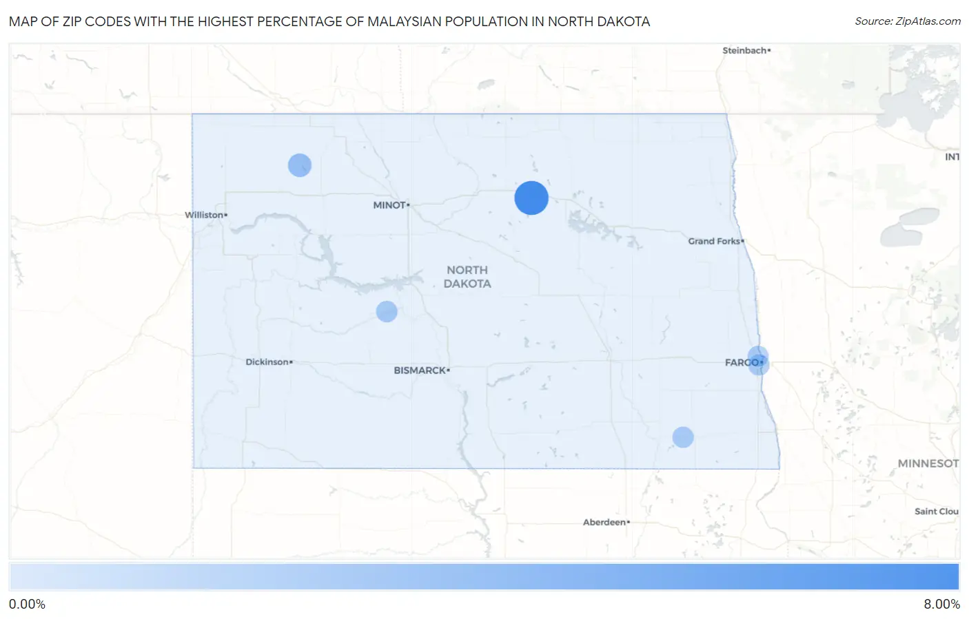 Zip Codes with the Highest Percentage of Malaysian Population in North Dakota Map