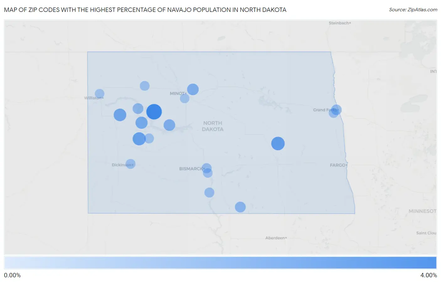 Zip Codes with the Highest Percentage of Navajo Population in North Dakota Map