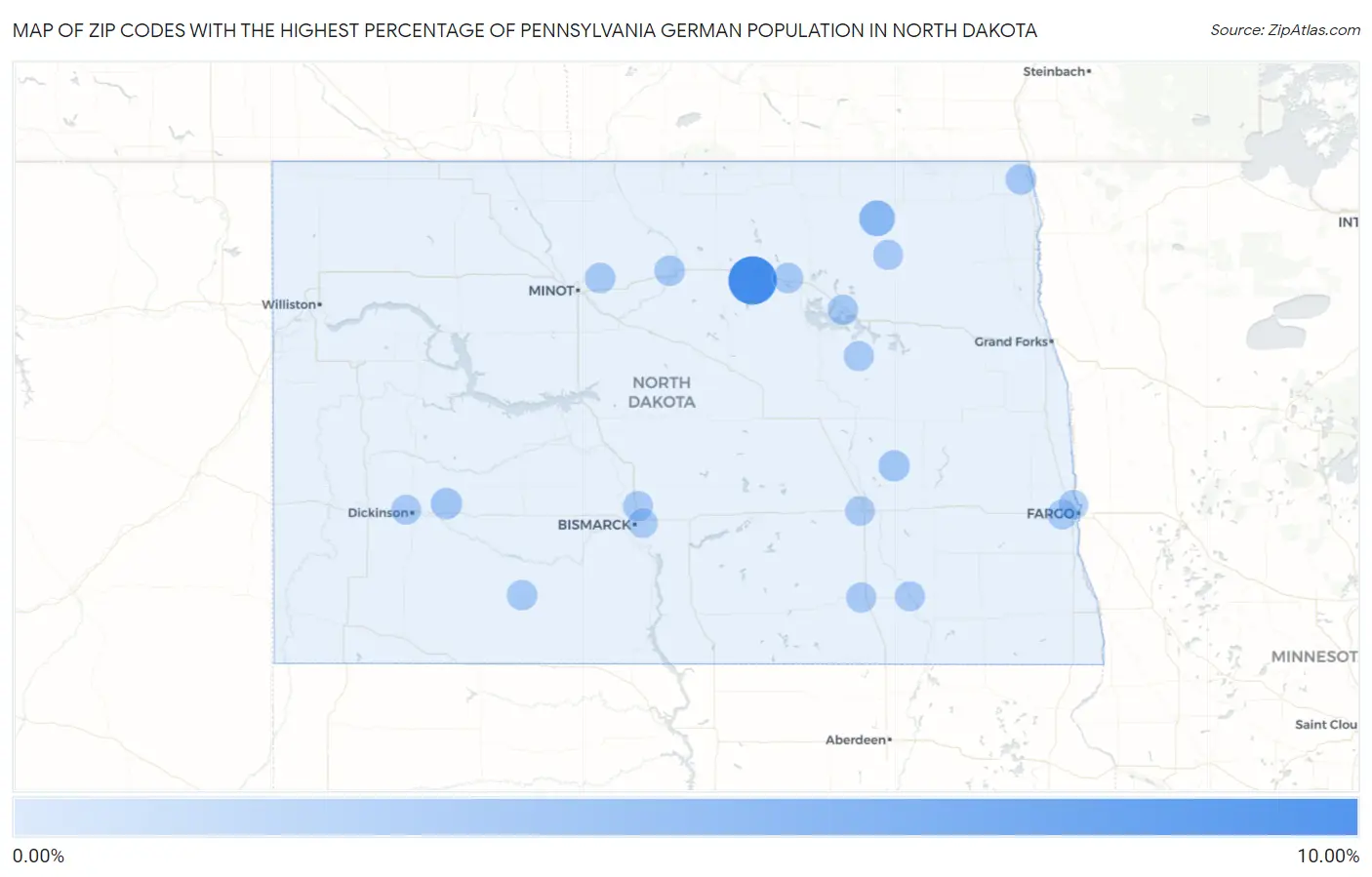 Zip Codes with the Highest Percentage of Pennsylvania German Population in North Dakota Map