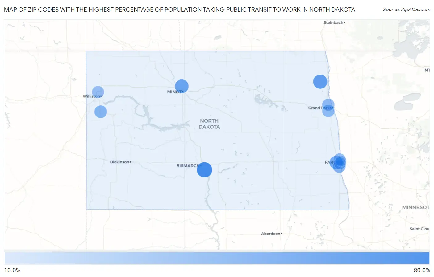 Zip Codes with the Highest Percentage of Population Taking Public Transit to Work in North Dakota Map