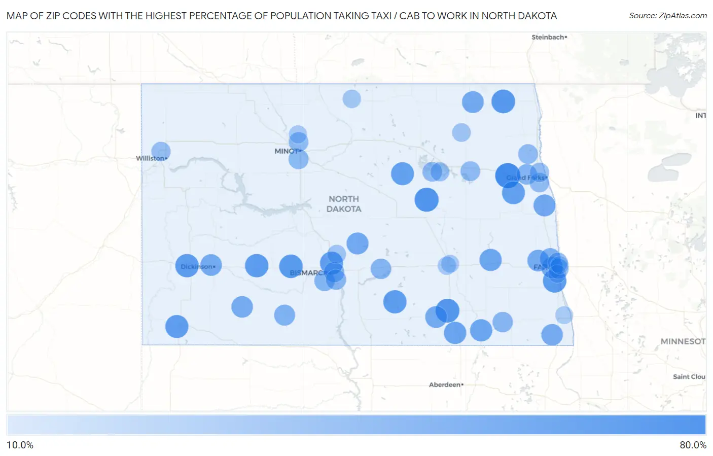 Zip Codes with the Highest Percentage of Population Taking Taxi / Cab to Work in North Dakota Map