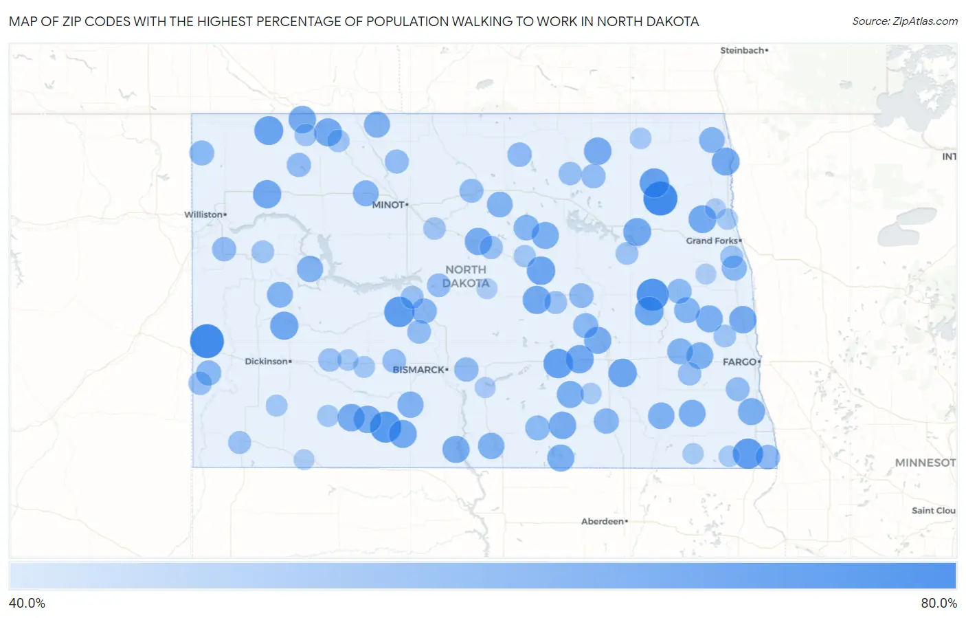 Zip Codes with the Highest Percentage of Population Walking to Work in North Dakota Map