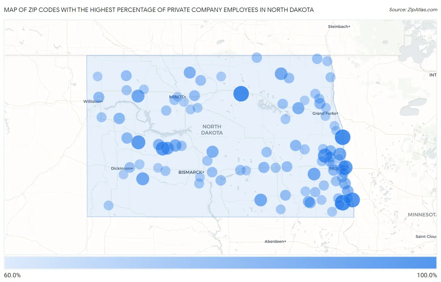 Zip Codes with the Highest Percentage of Private Company Employees in North Dakota Map
