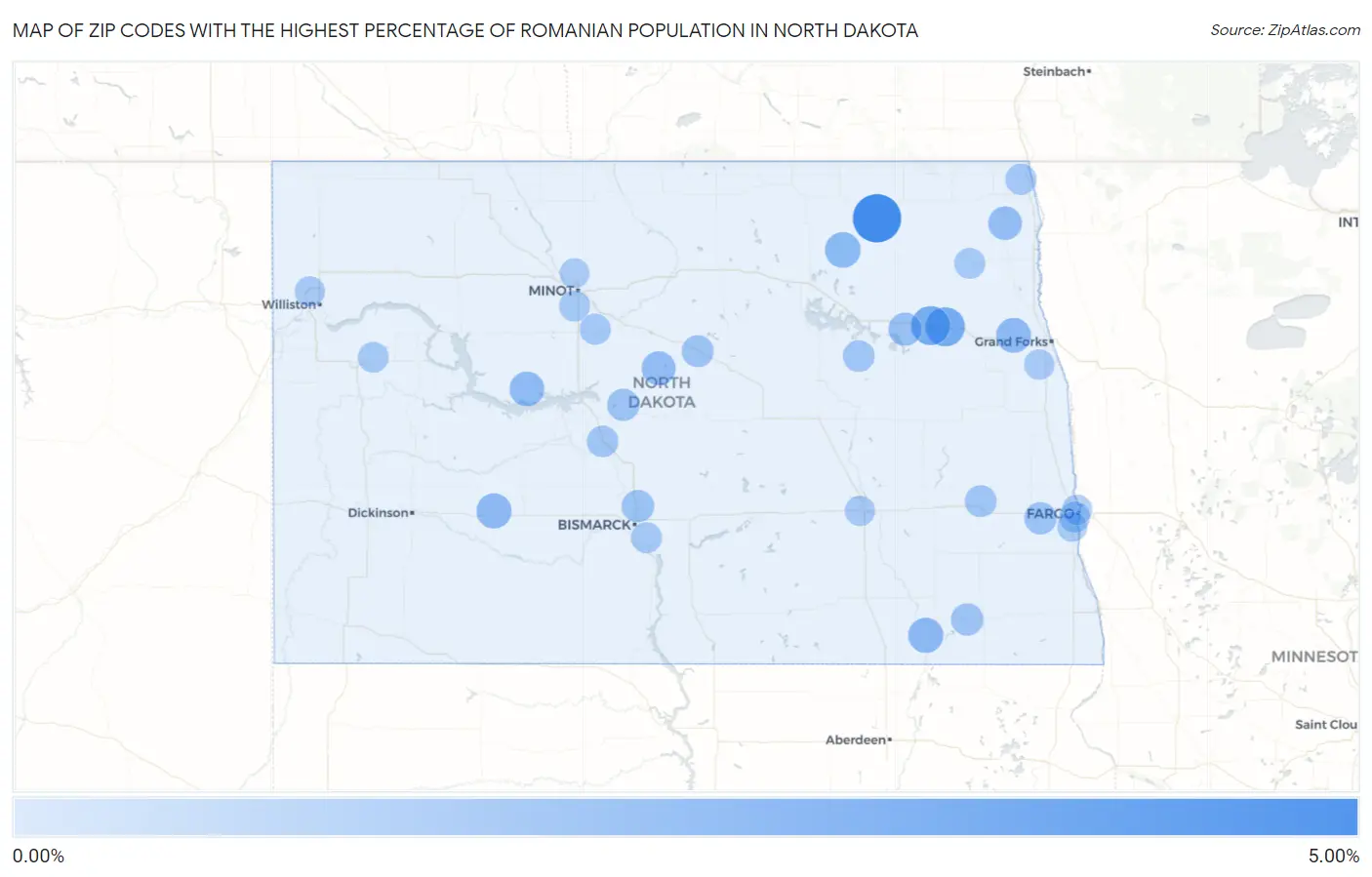 Zip Codes with the Highest Percentage of Romanian Population in North Dakota Map