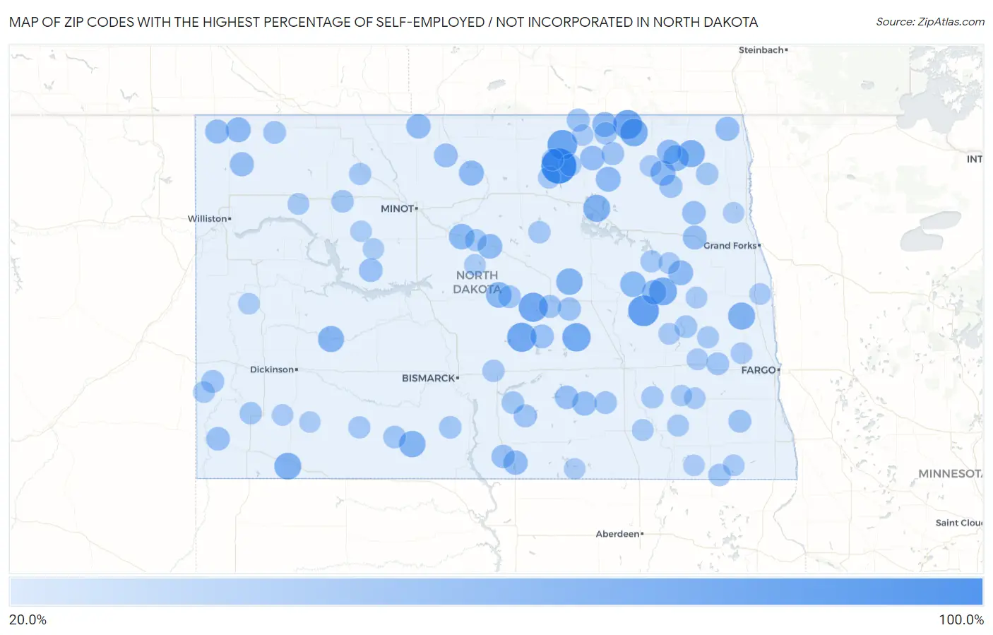 Zip Codes with the Highest Percentage of Self-Employed / Not Incorporated in North Dakota Map