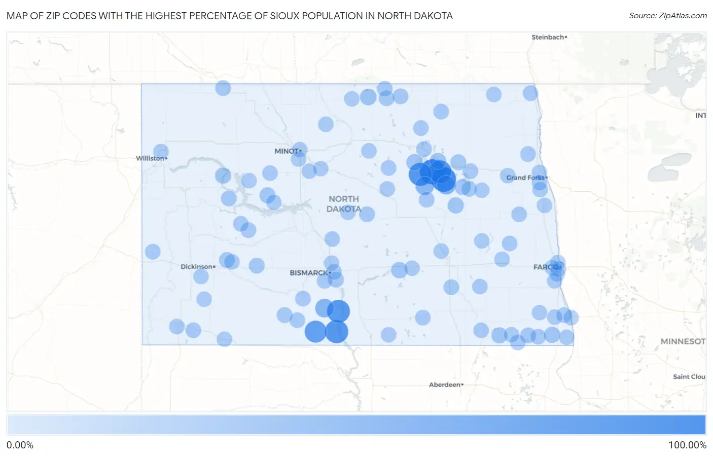 Zip Codes with the Highest Percentage of Sioux Population in North Dakota Map