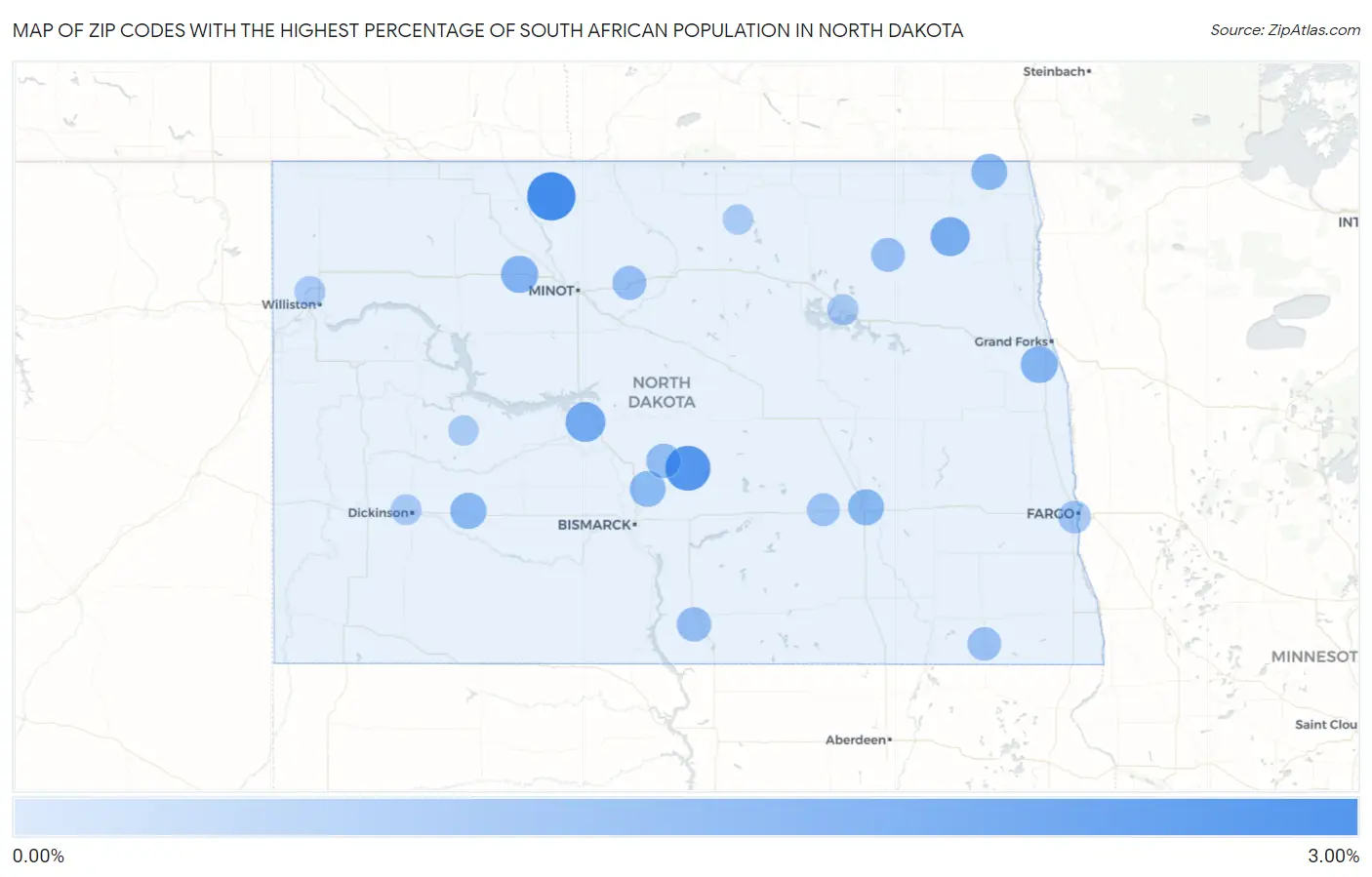 Zip Codes with the Highest Percentage of South African Population in North Dakota Map