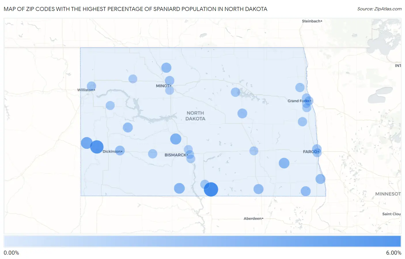 Zip Codes with the Highest Percentage of Spaniard Population in North Dakota Map