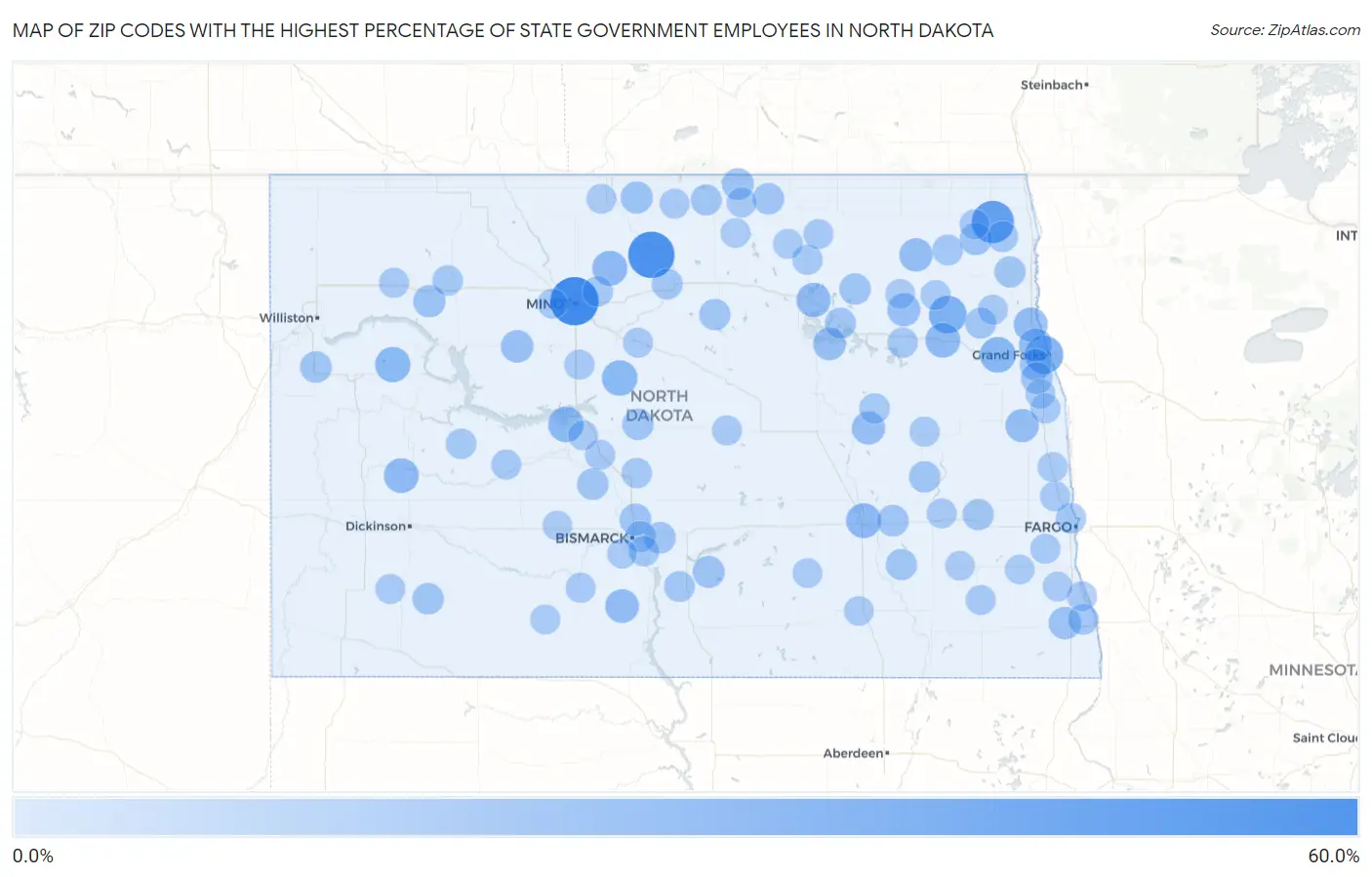 Zip Codes with the Highest Percentage of State Government Employees in North Dakota Map