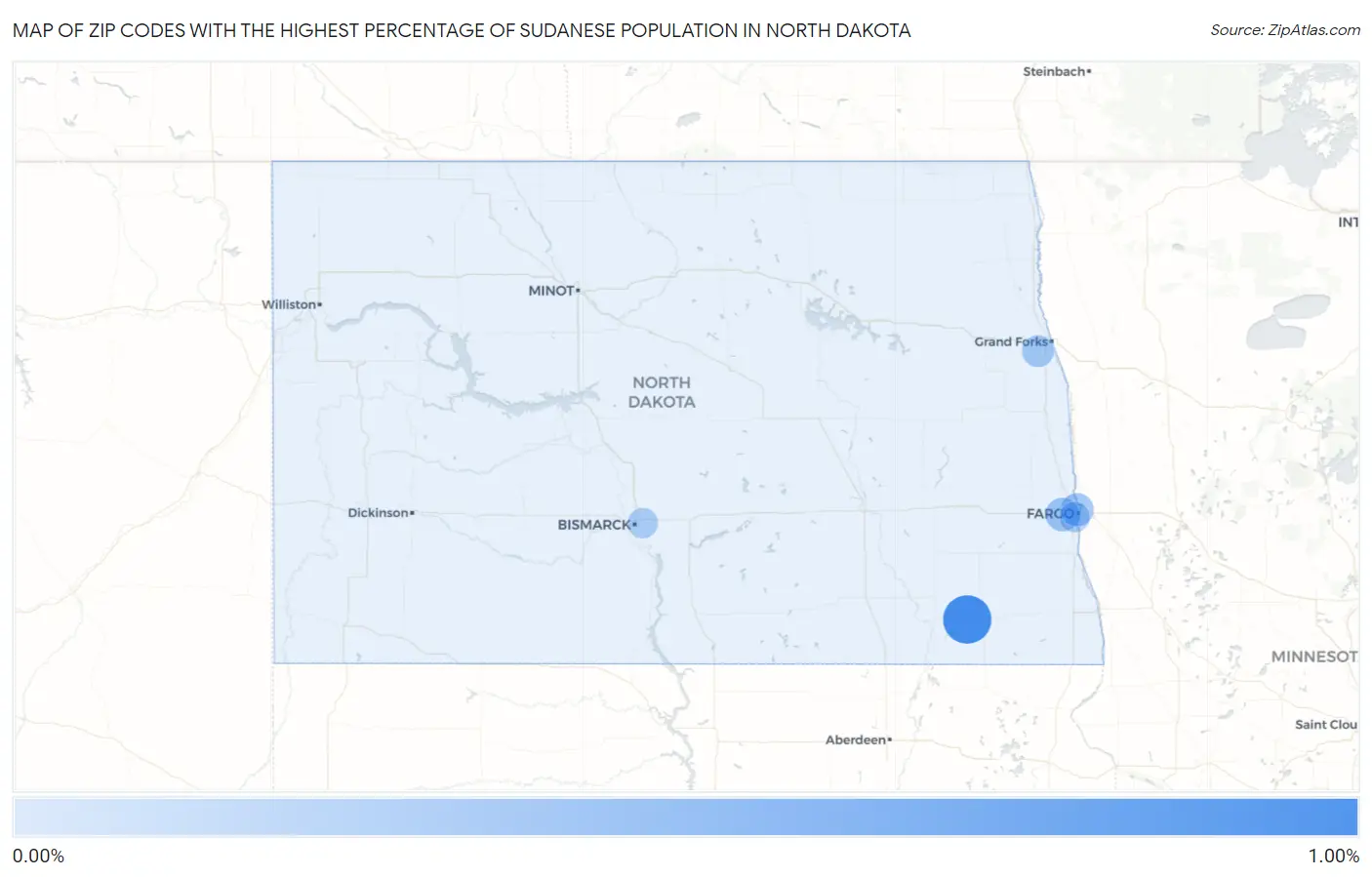 Zip Codes with the Highest Percentage of Sudanese Population in North Dakota Map