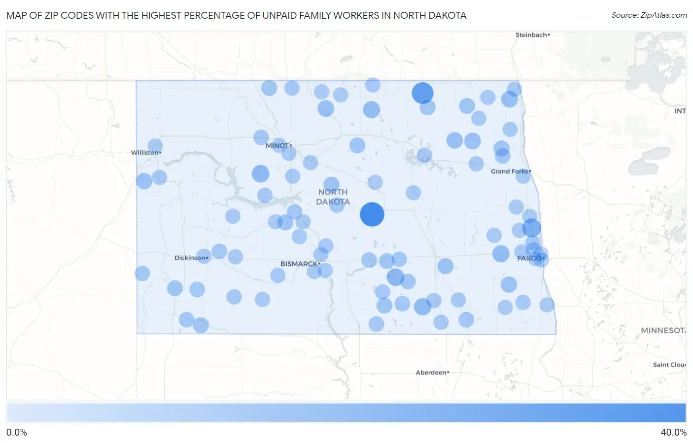 Zip Codes with the Highest Percentage of Unpaid Family Workers in North Dakota Map