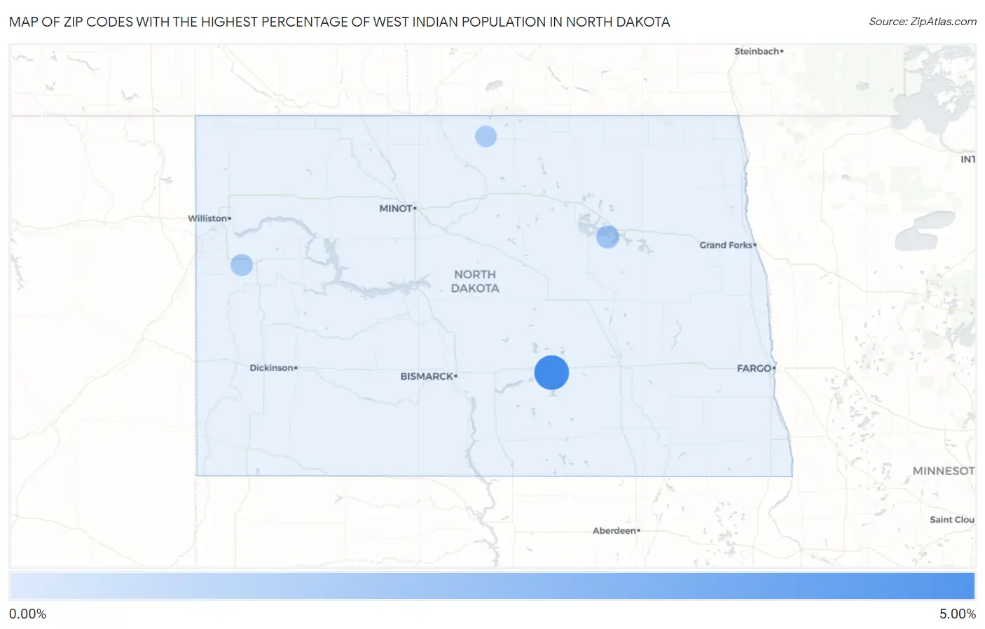 Zip Codes with the Highest Percentage of West Indian Population in North Dakota Map