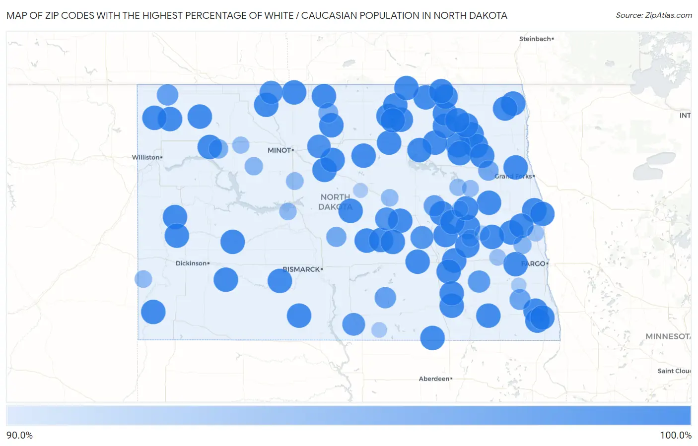 Zip Codes with the Highest Percentage of White / Caucasian Population in North Dakota Map