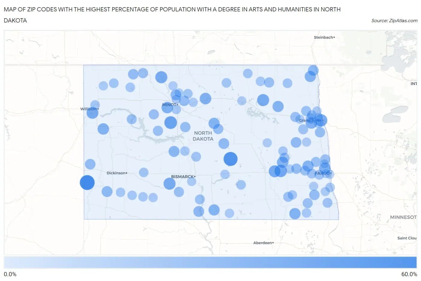 Zip Codes with the Highest Percentage of Population with a Degree in Arts and Humanities in North Dakota Map