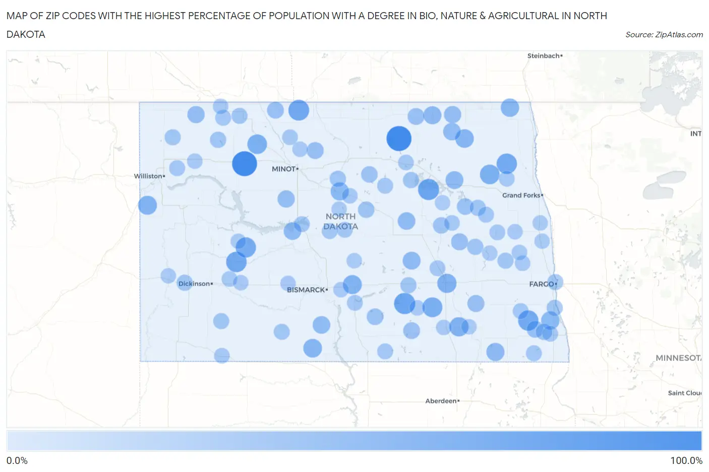 Zip Codes with the Highest Percentage of Population with a Degree in Bio, Nature & Agricultural in North Dakota Map