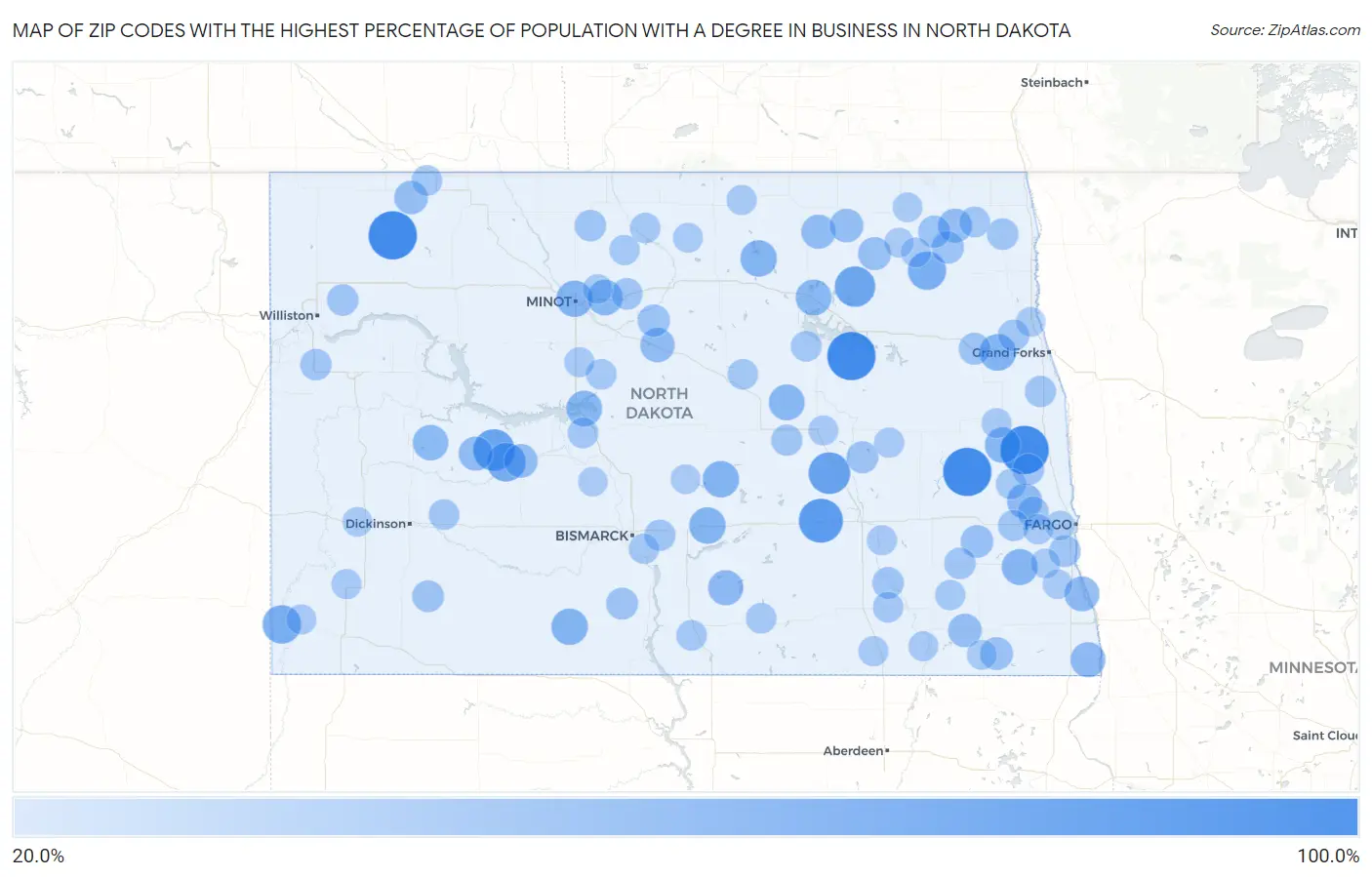 Zip Codes with the Highest Percentage of Population with a Degree in Business in North Dakota Map