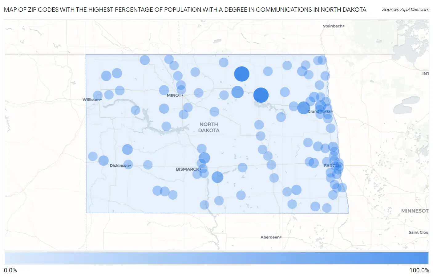 Zip Codes with the Highest Percentage of Population with a Degree in Communications in North Dakota Map