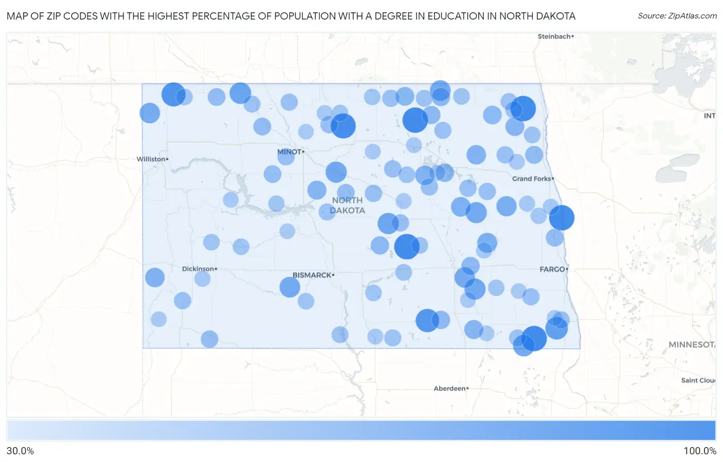 Zip Codes with the Highest Percentage of Population with a Degree in Education in North Dakota Map