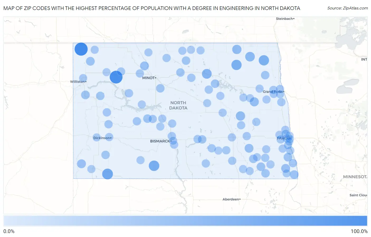 Zip Codes with the Highest Percentage of Population with a Degree in Engineering in North Dakota Map