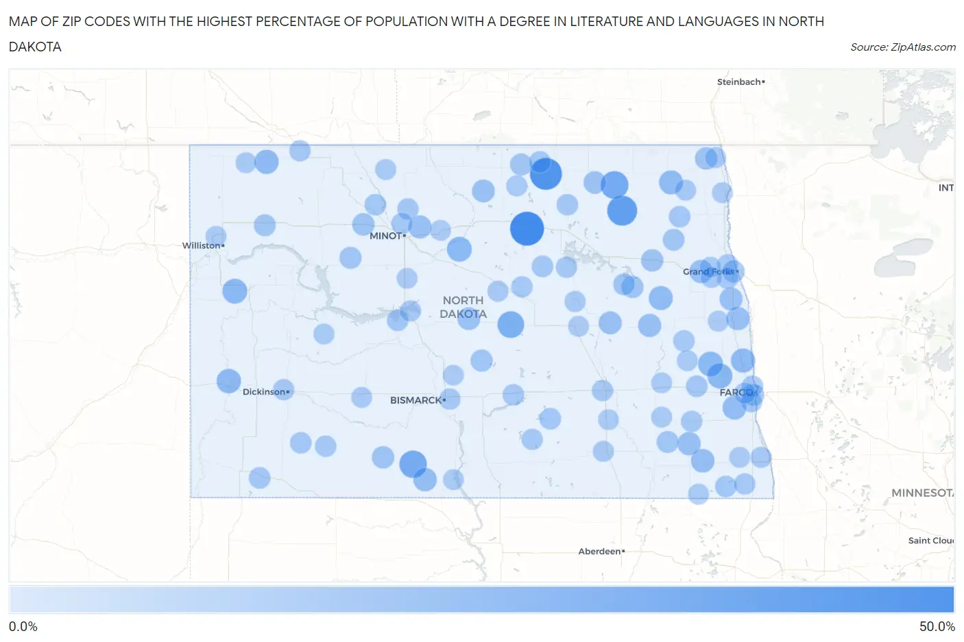 Zip Codes with the Highest Percentage of Population with a Degree in Literature and Languages in North Dakota Map