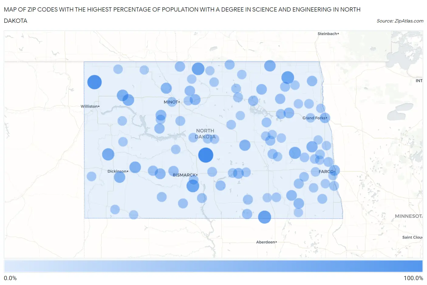 Zip Codes with the Highest Percentage of Population with a Degree in Science and Engineering in North Dakota Map