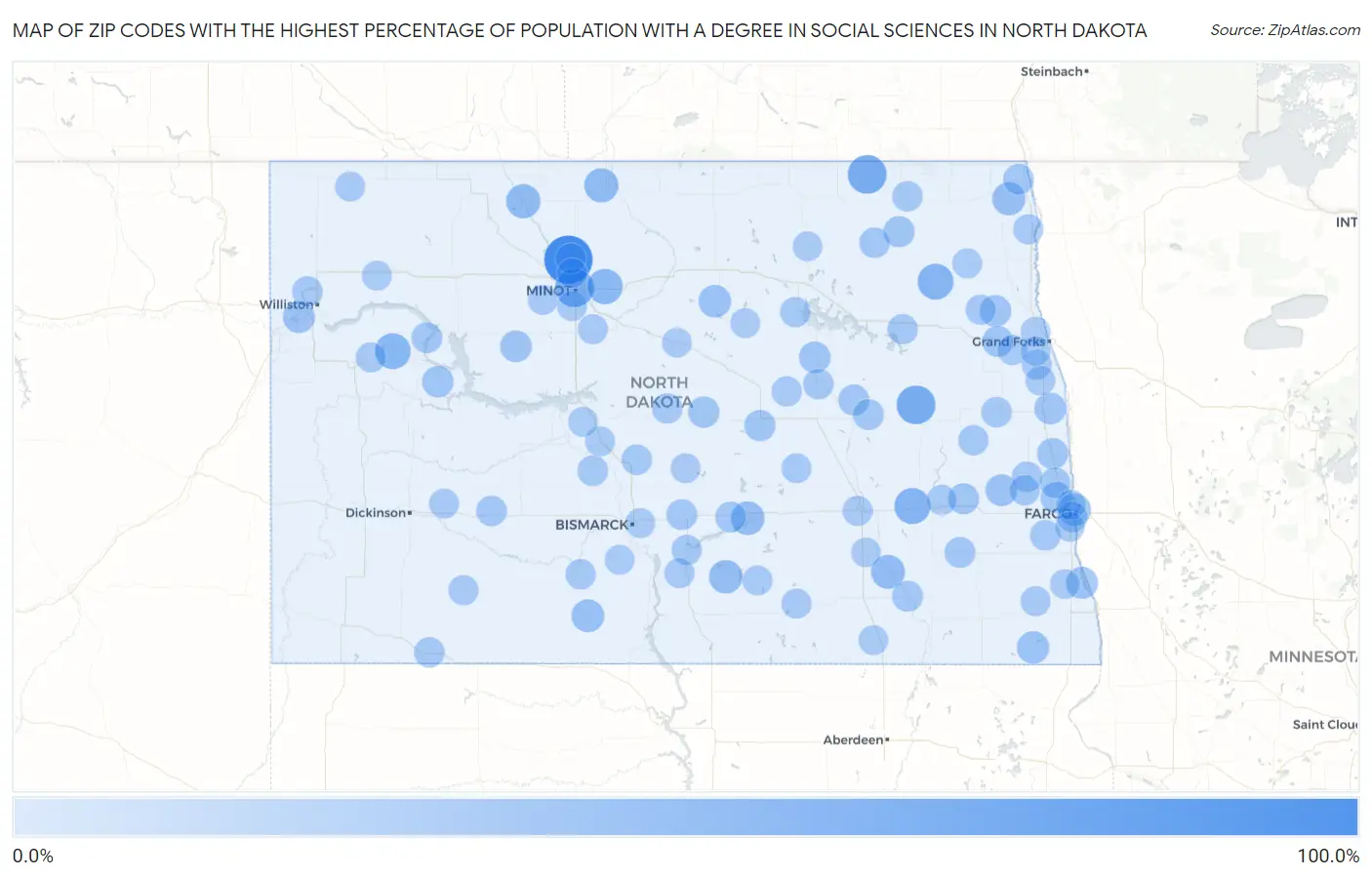 Zip Codes with the Highest Percentage of Population with a Degree in Social Sciences in North Dakota Map