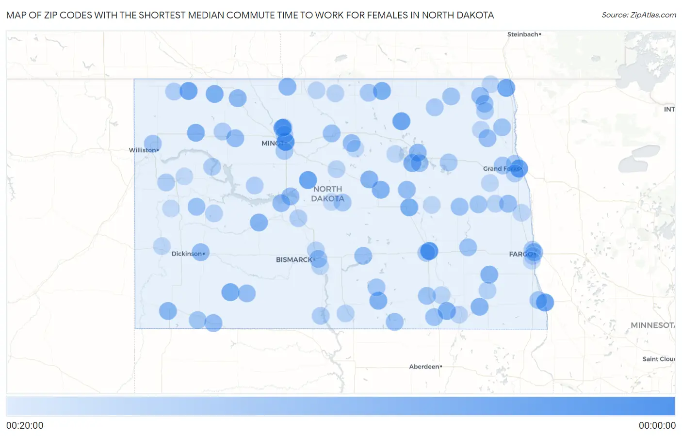 Zip Codes with the Shortest Median Commute Time to Work for Females in North Dakota Map