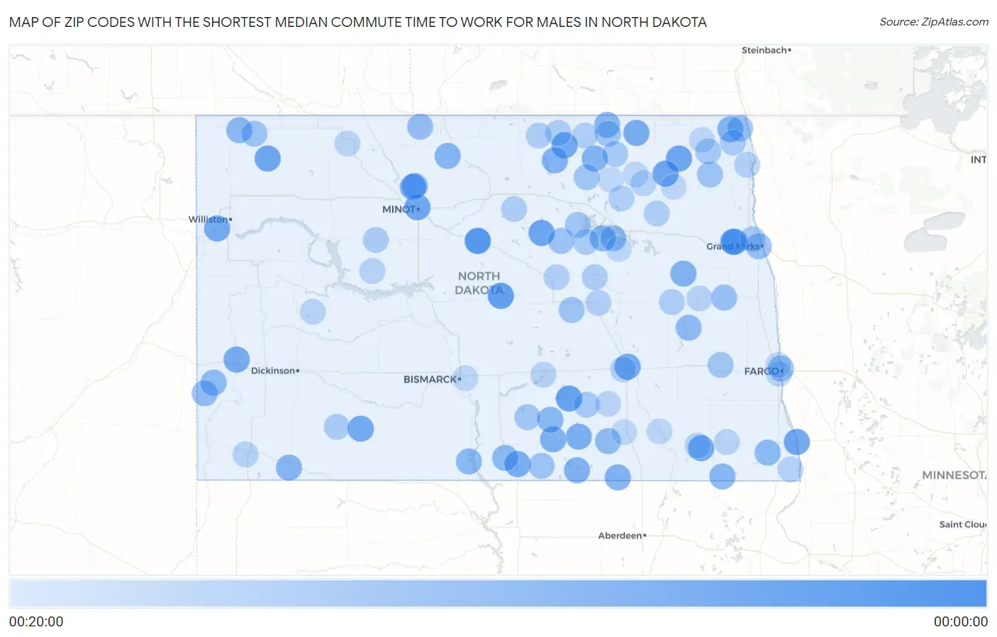 Zip Codes with the Shortest Median Commute Time to Work for Males in North Dakota Map