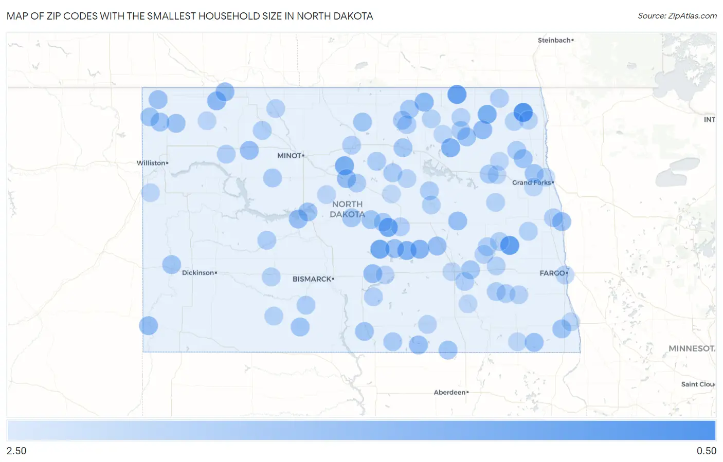 Zip Codes with the Smallest Household Size in North Dakota Map