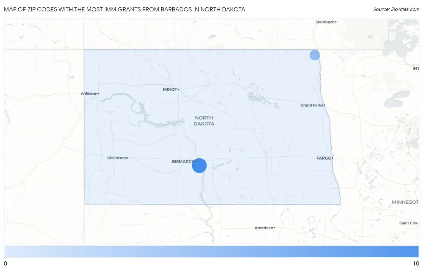 Zip Codes with the Most Immigrants from Barbados in North Dakota Map
