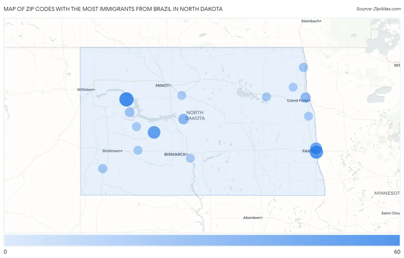 Zip Codes with the Most Immigrants from Brazil in North Dakota Map