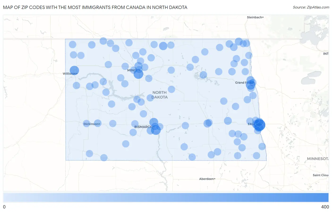 Zip Codes with the Most Immigrants from Canada in North Dakota Map
